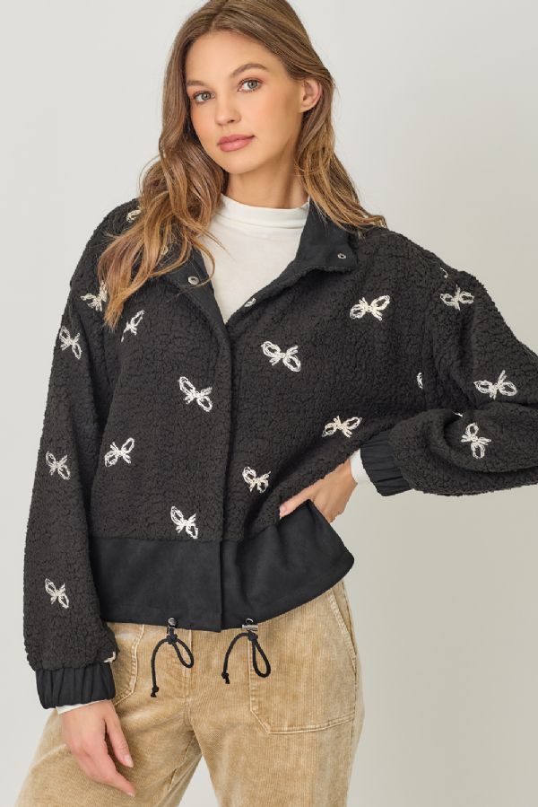 Bow Embroidery Mixed Material Jacket
