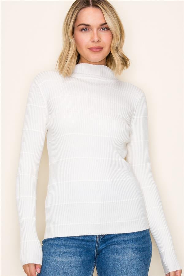 Pintuck Striped Mock Neck Sweater