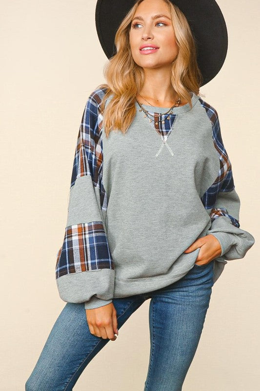 Thermal Knit Plaid Sleeve Top
