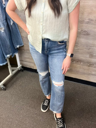 Risen High Rise Distressed Ankle Straight Jeans