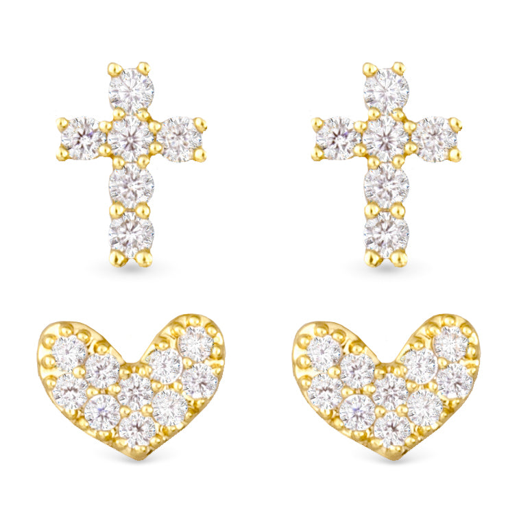 Pave Cross & Heart Duo Earring Set - Gold
