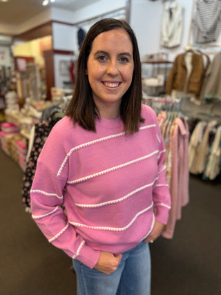 Women's Blanket Stitch Striped Crew Neck Sweater
