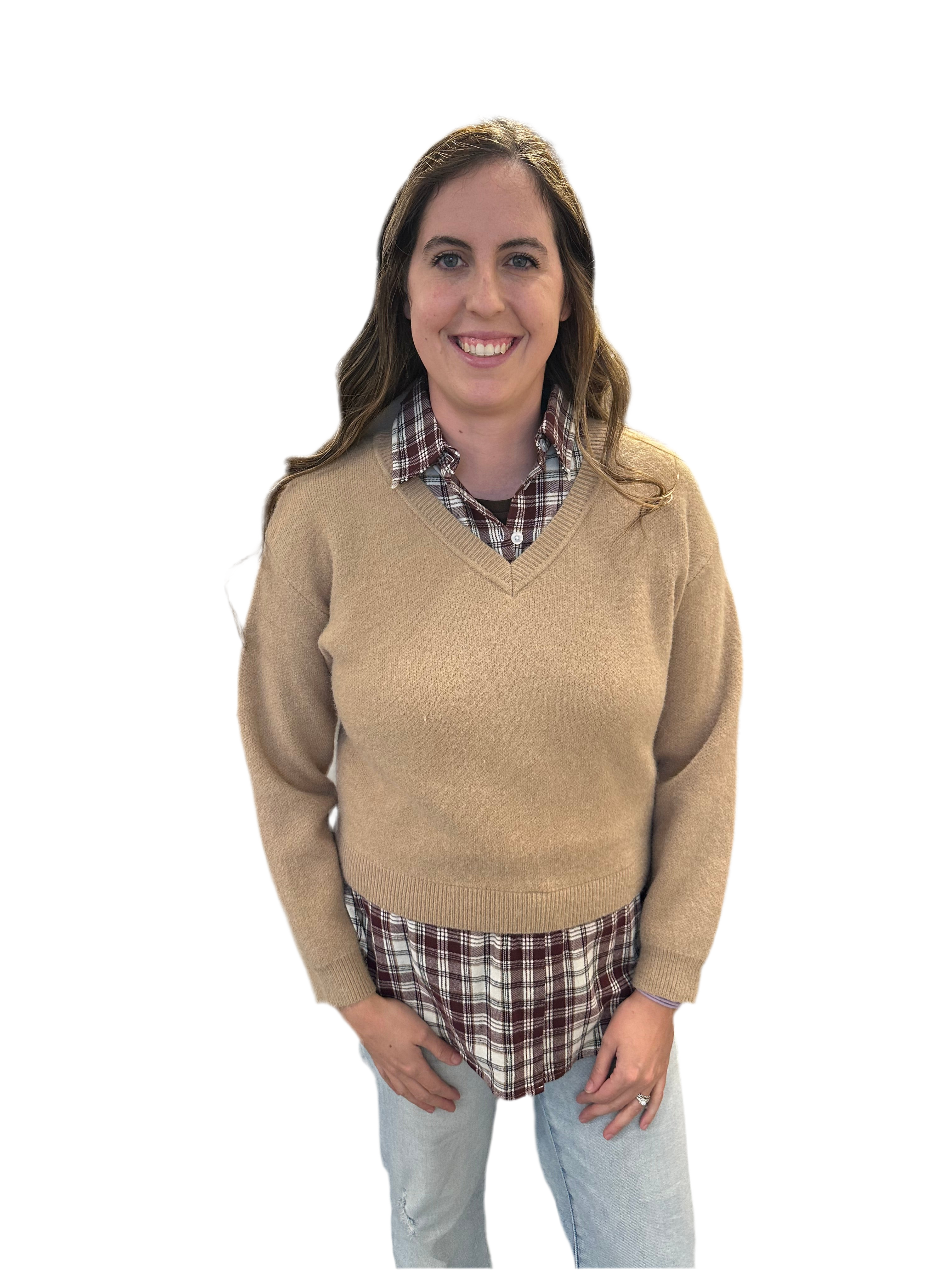 V-Neck Sweater w/ Plaid Shirt