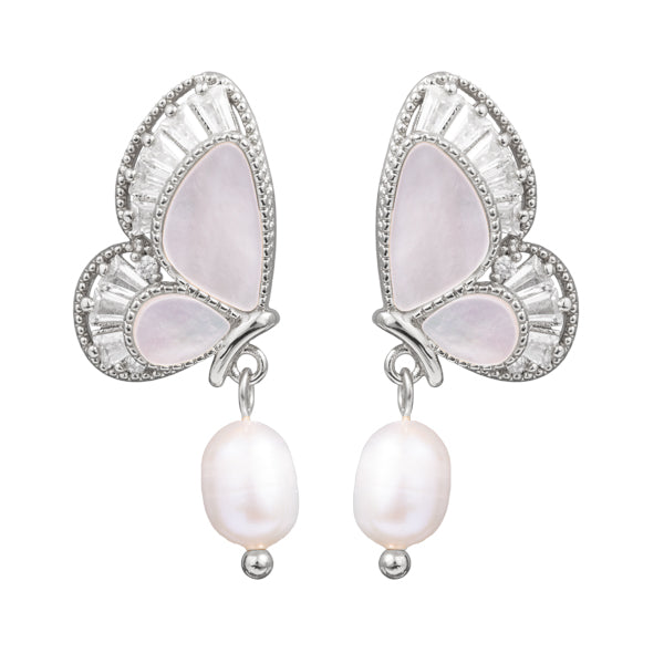 Mother of Pearl Butterfly Earrings - Silver