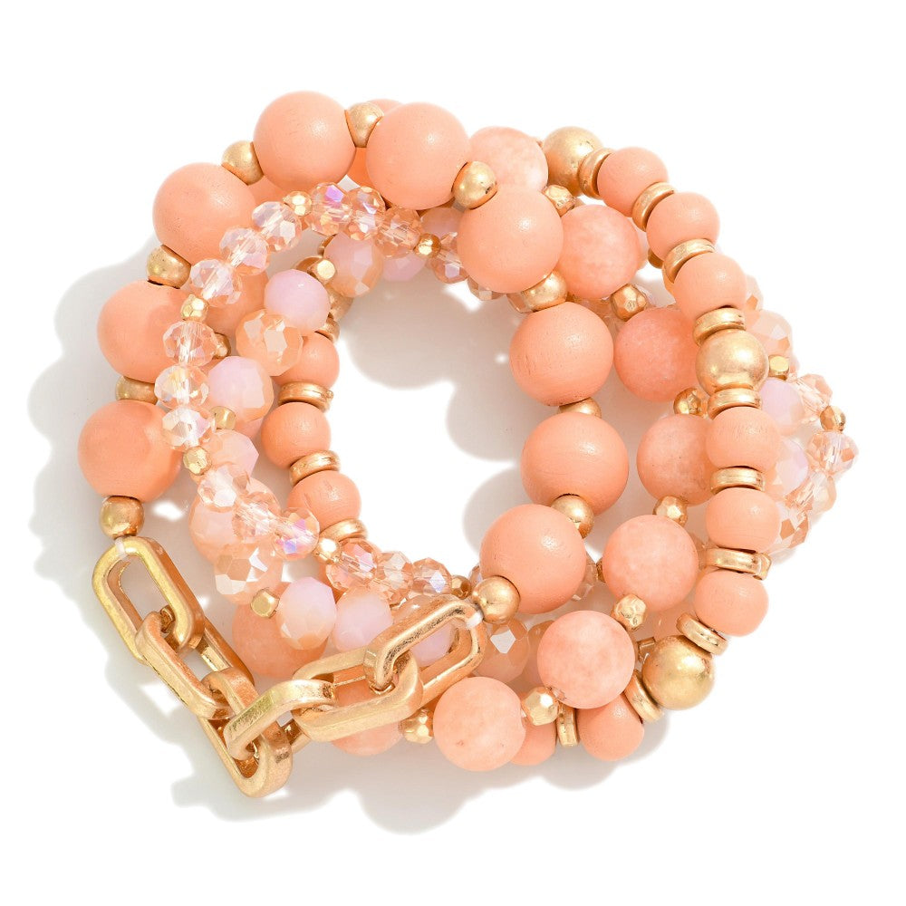 Beaded Bracelet Set Featuring Chain Link - Blush Pink