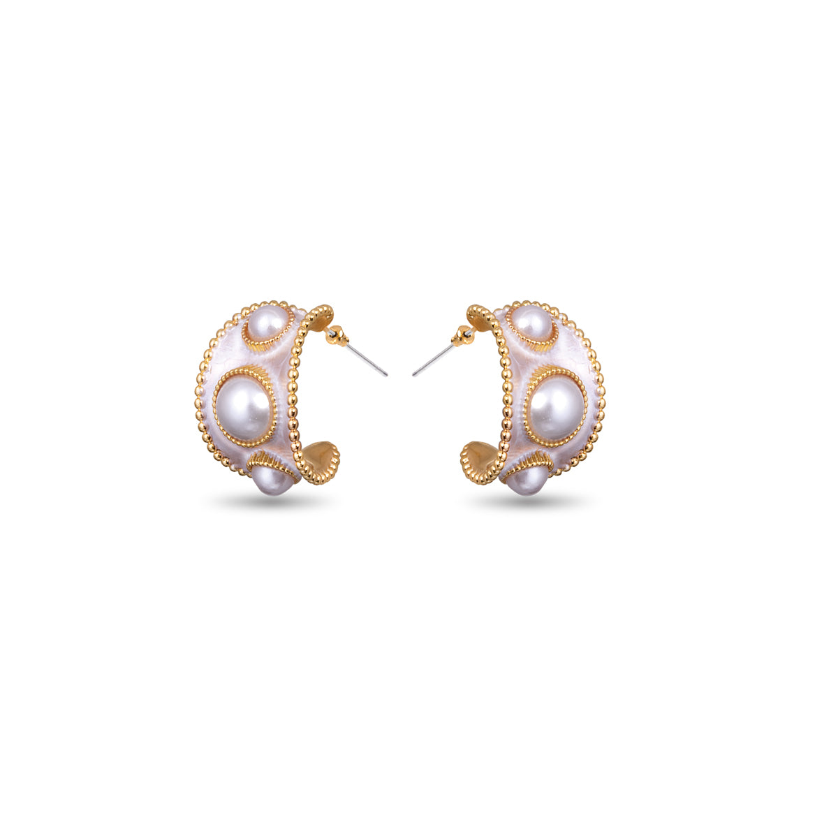 Pearl & Enamel Huggie Earrings - Gold