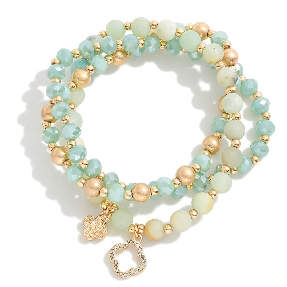 Beaded Stretch Bracelet Set Featuring Clover Charms