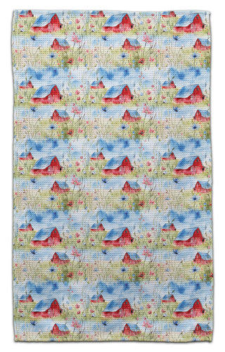 Red Barns in Meadow Watercolor Eco-Friendly Kitchen Towel