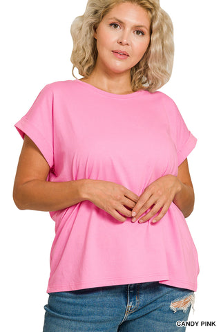 Round Neck Folded Short Sleeve T-Shirt Plus