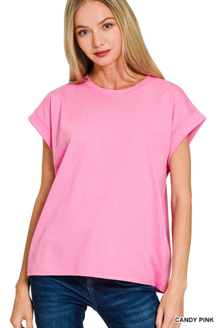 Round Neck Folded Short Sleeve T-Shirt