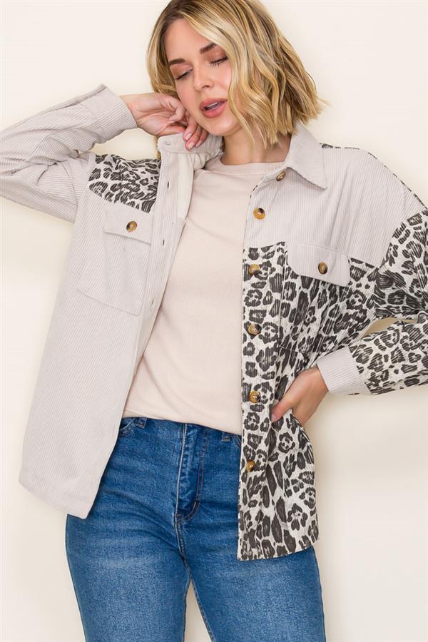 Animal Print Blocked Corduroy Shacket
