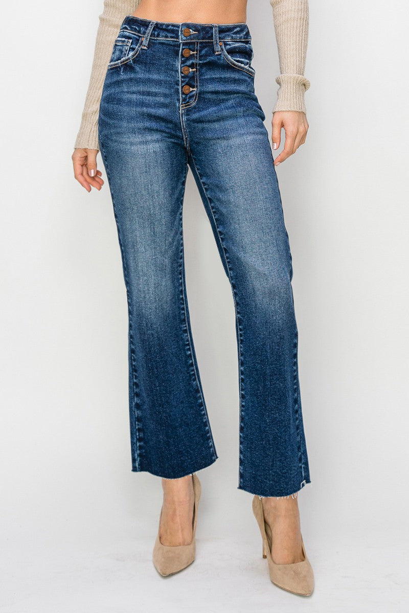 Risen High Rise Button Front Ankle Flare Jeans