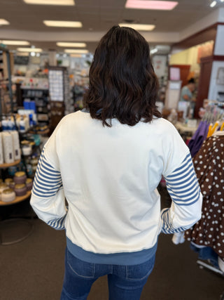 Women's Blue Striped Color Block Sweatshirt