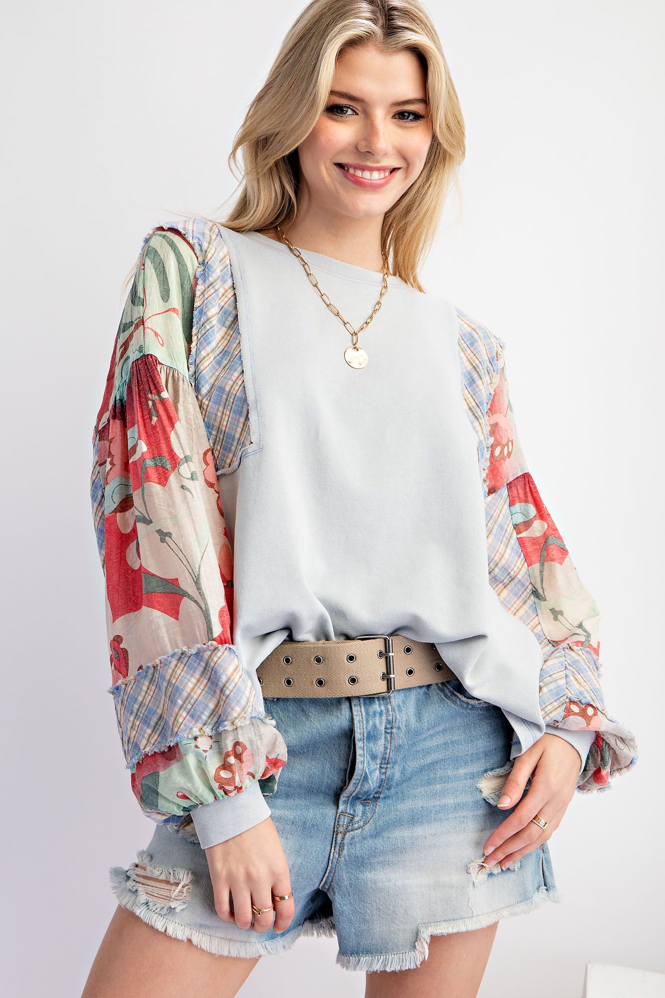 Mixed Print Patchwork Sleeves Top