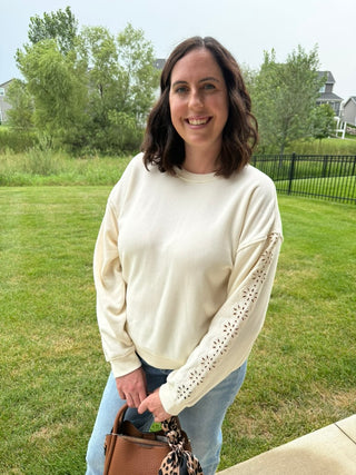 Marietta Top | Women's Embroidered Sleeve Round Neck Long Sleeve Top