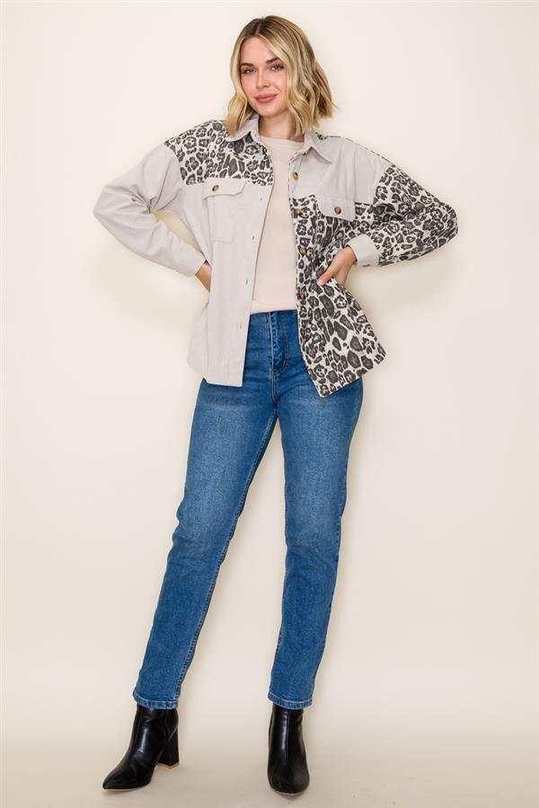 Animal Print Blocked Corduroy Shacket