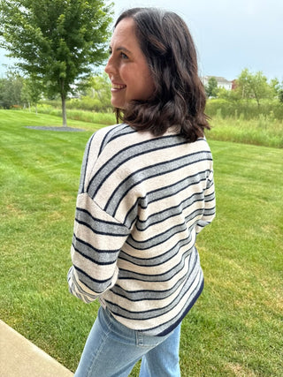 Nina Sweater | Women's Collared V-Neck Striped Knit Sweater
