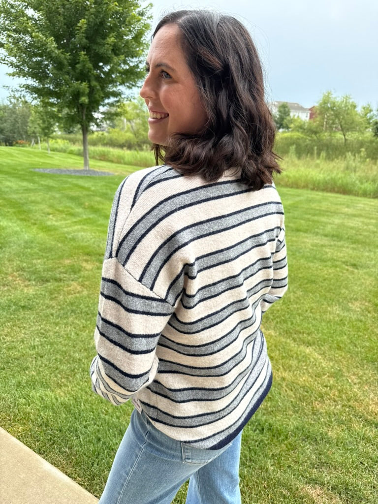 Nina Sweater | Women's Collared V-Neck Striped Knit Sweater
