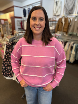 Women's Blanket Stitch Striped Crew Neck Sweater