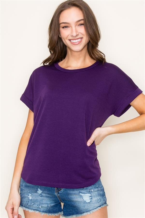 Roll Up Short Sleeve Solid Color Top