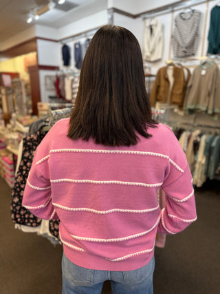 Women's Blanket Stitch Striped Crew Neck Sweater