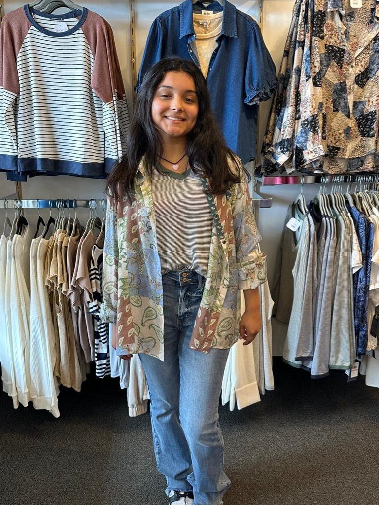 Multi Patterned Oversized Button Down Top