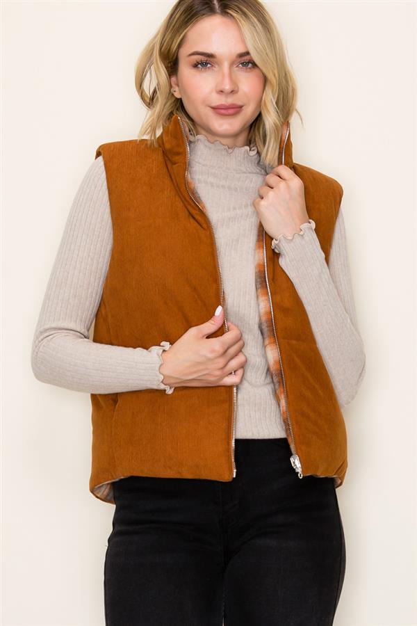Corduroy & Plaid Reversible Puffer Vest