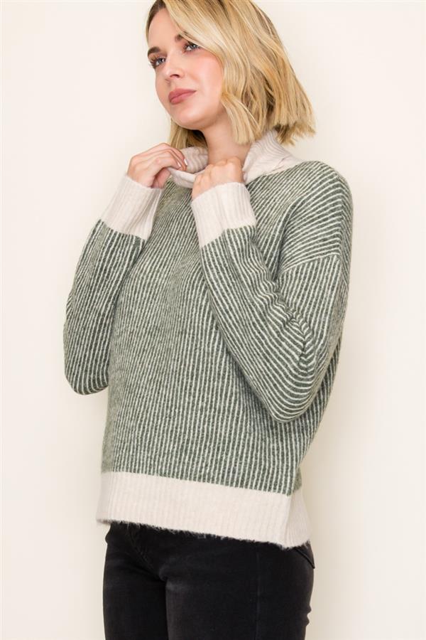 Two Toned Ribbed Turtleneck Sweater
