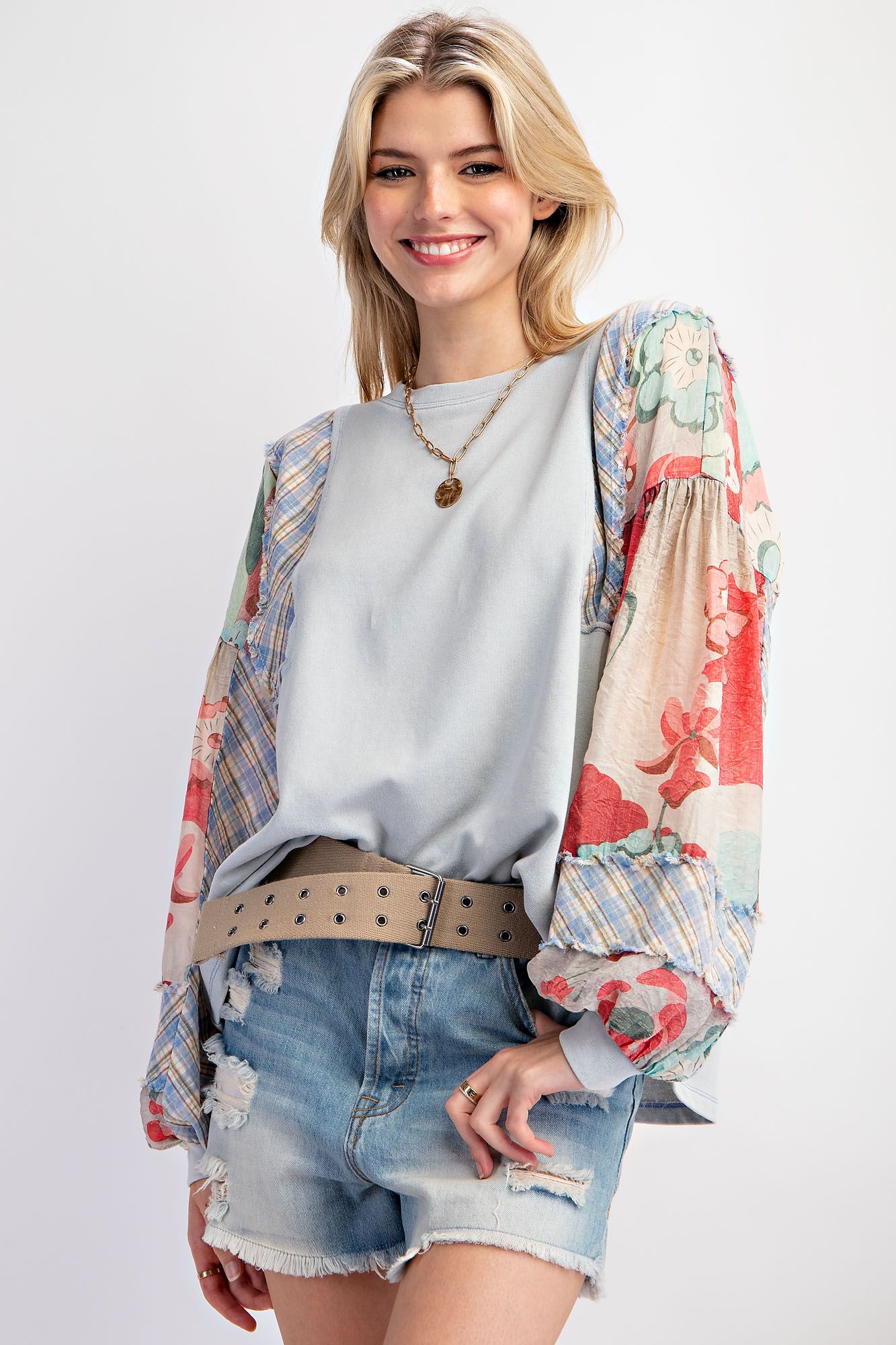 Mixed Print Patchwork Sleeves Top