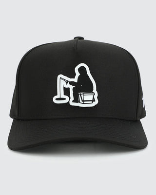 Waggle Men's Frost Bite Snapback Hat in black — bold ice fisherman silhouette patch on mid-profile snapback, front view
