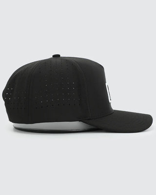 Right side view of Waggle Men's Frost Bite Snapback Hat in black — fully perforated panels with grey underbrim
