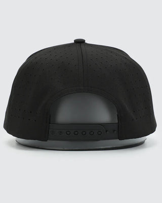 Back view of Waggle Men's Frost Bite Snapback Hat in black — perforated cap with adjustable black snapback closure and grey underbrim
