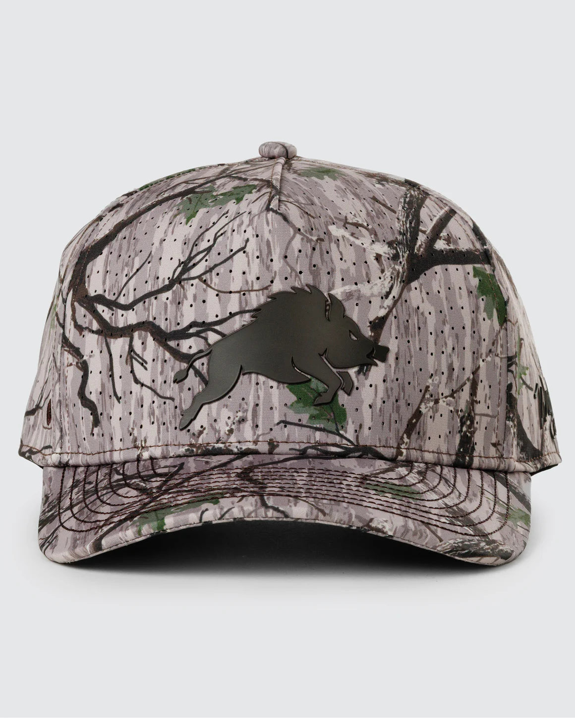 Full Boar Repel Hat by Waggle Golf — a camouflage water-resistant snapback golf hat with a boar logo on the front, floating brim, magnetic ball mark holder, and golf tee holder

