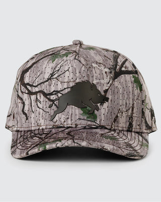 Full Boar Repel Hat by Waggle Golf — a camouflage water-resistant snapback golf hat with a boar logo on the front, floating brim, magnetic ball mark holder, and golf tee holder
