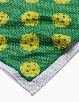 Up-close view of Geometry pickleball towel.