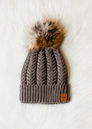 Brown Cable Knit Pom Hat
