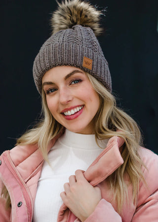 Brown Cable Knit Pom Hat