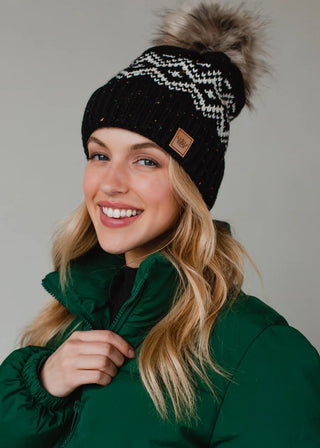 Black Speckled Patterned Pom Hat