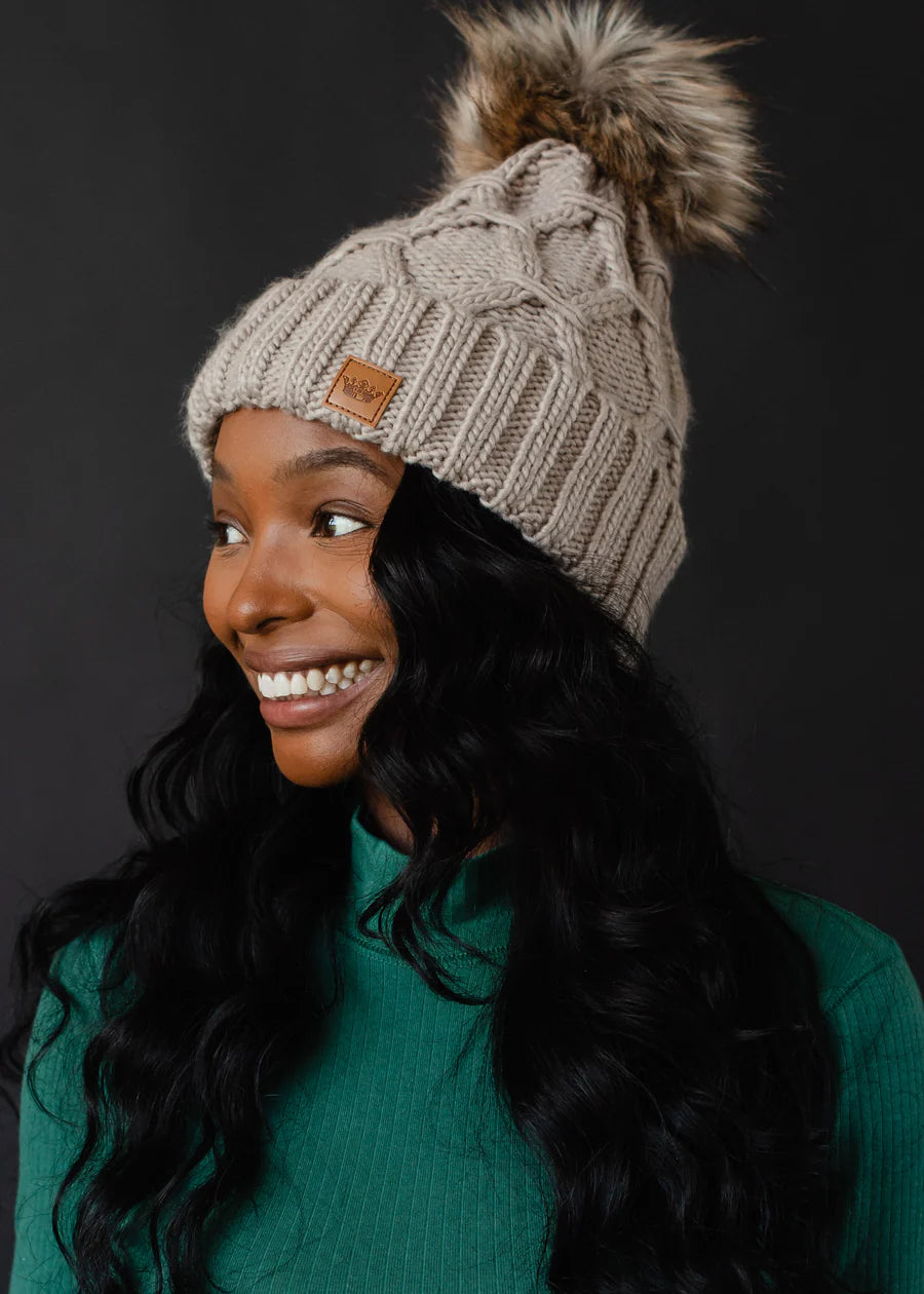 Taupe Diamond Cable Knit Pom Hat