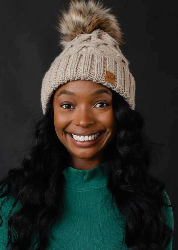 Taupe Diamond Cable Knit Pom Hat