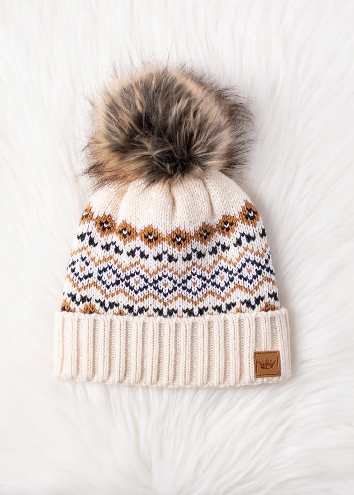 Cream Patterned Pom Hat