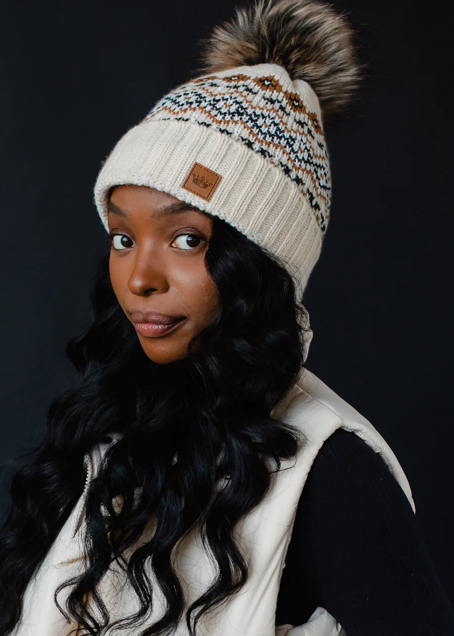 Cream Patterned Pom Hat