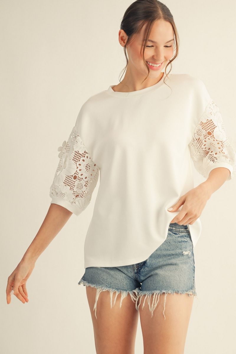 Drop Shoulder Top with Lace Sleeves