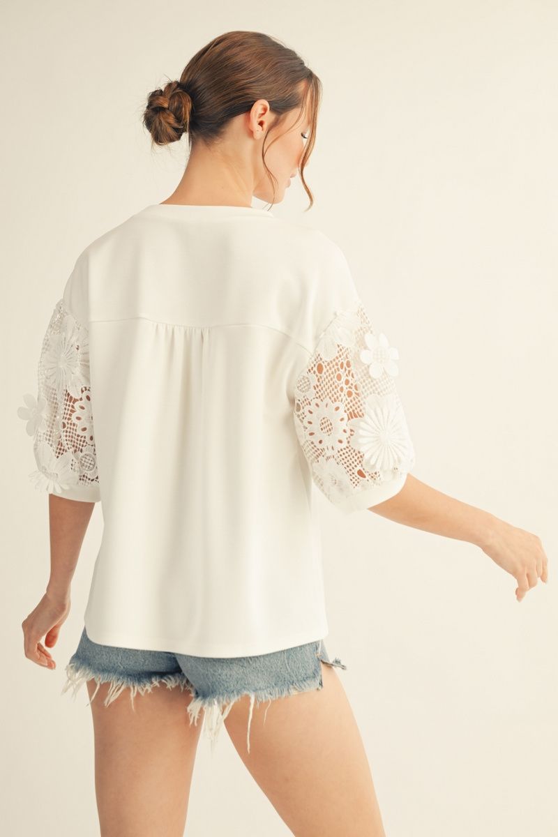 Drop Shoulder Top with Lace Sleeves