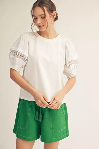 Short Puff Sleeve Top With Lace Accent