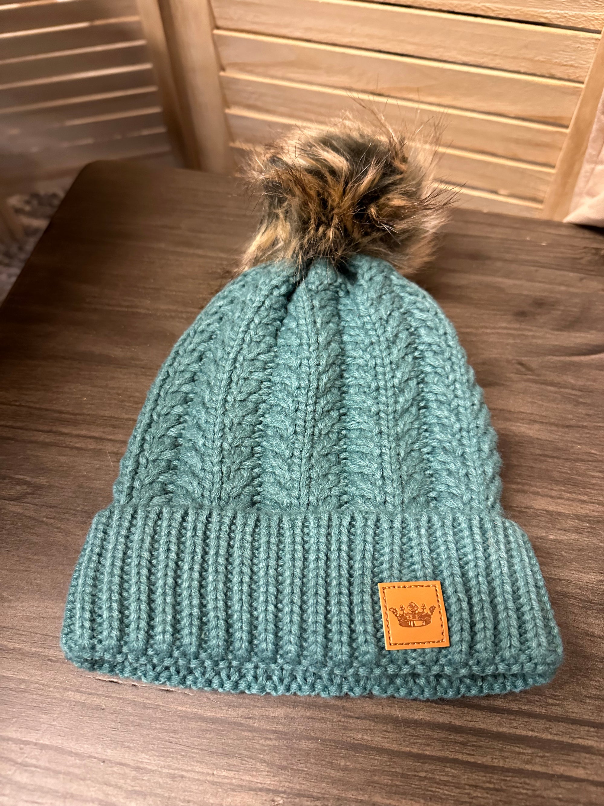 Blue Cable Knit Pom Hat