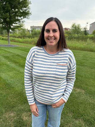 Women's Striped Pocket Sweater with Blanket Stitch Detail