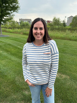 Women's Striped Pocket Sweater with Blanket Stitch Detail