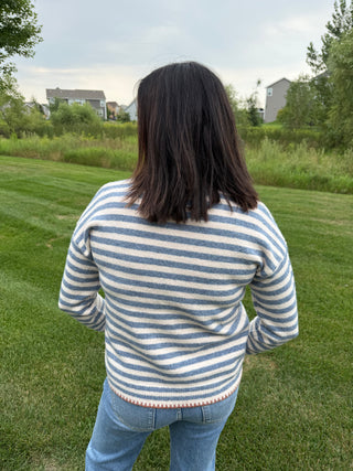 Women's Striped Pocket Sweater with Blanket Stitch Detail