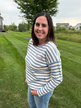 Women's Striped Pocket Sweater with Blanket Stitch Detail